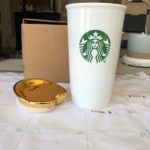 Starbucks tumbler— ceramic; white with gold lid